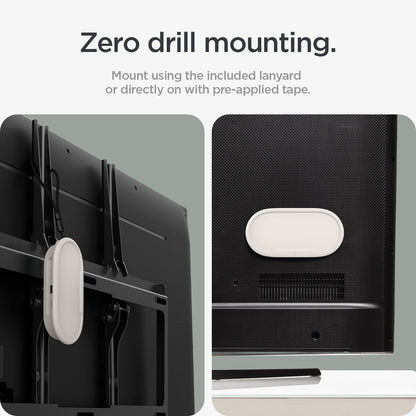 ACS07974 - Google TV Streamer Mount (4K) Silicone Fit in Porcelain showing the zero drill mounting. Mount using the included lanyard or directly on with pre-applied tape