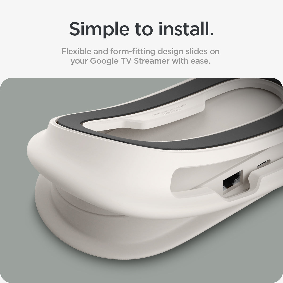 ACS07974 - Google TV Streamer Mount (4K) Silicone Fit in Porcelain showing the simple to install. Flexible and form-fitting design slides on your Google TV Streamer with ease