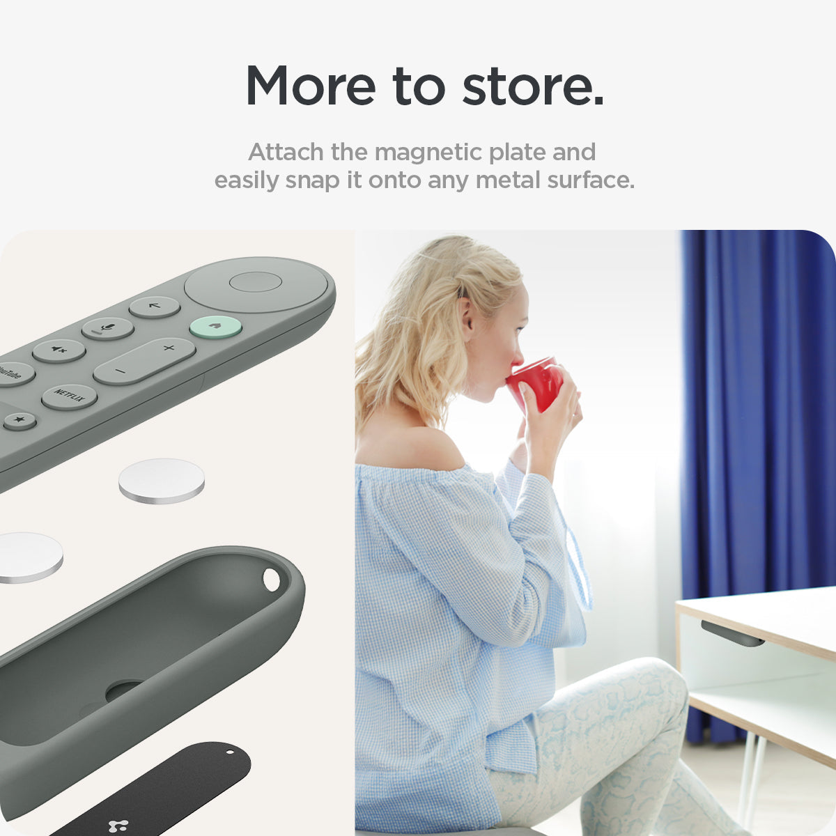 ACS08451 - Google TV Streamer Silicone Fit Voice Remote in Hazel showing the easy attachment. Attach the magnetic plate and easily snap it onto any metal surface