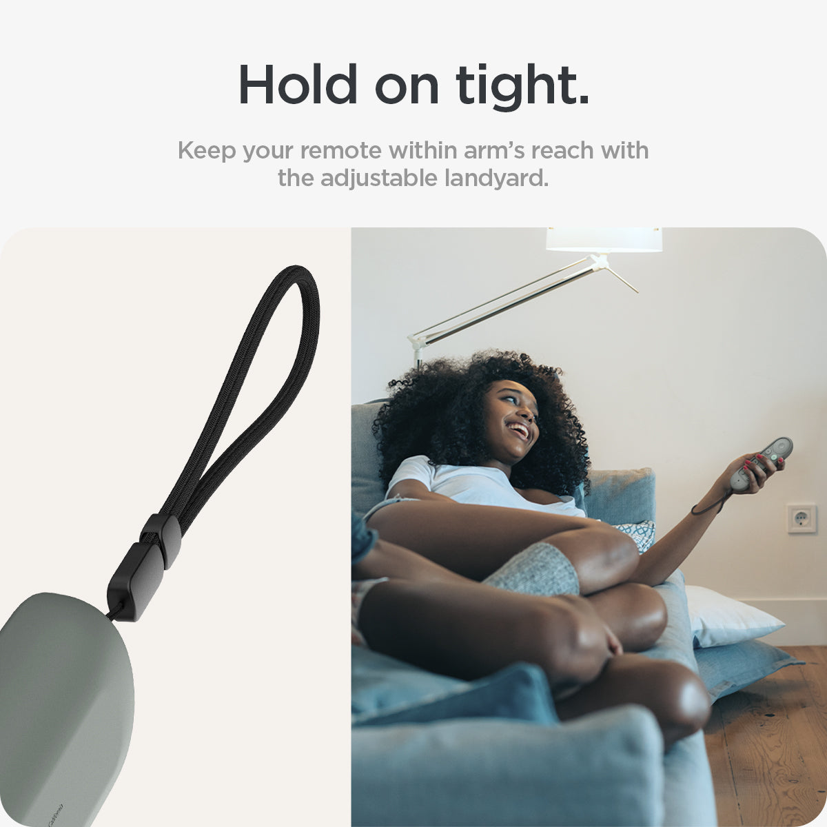ACS08451 - Google TV Streamer Silicone Fit Voice Remote in Hazel showing how keeping your remote within arm's reach with the adjustable lanyard