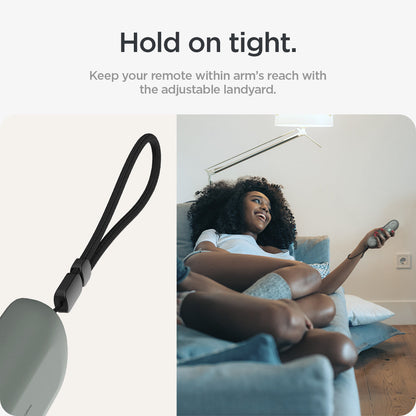 ACS08451 - Google TV Streamer Silicone Fit Voice Remote in Hazel showing how keeping your remote within arm's reach with the adjustable lanyard