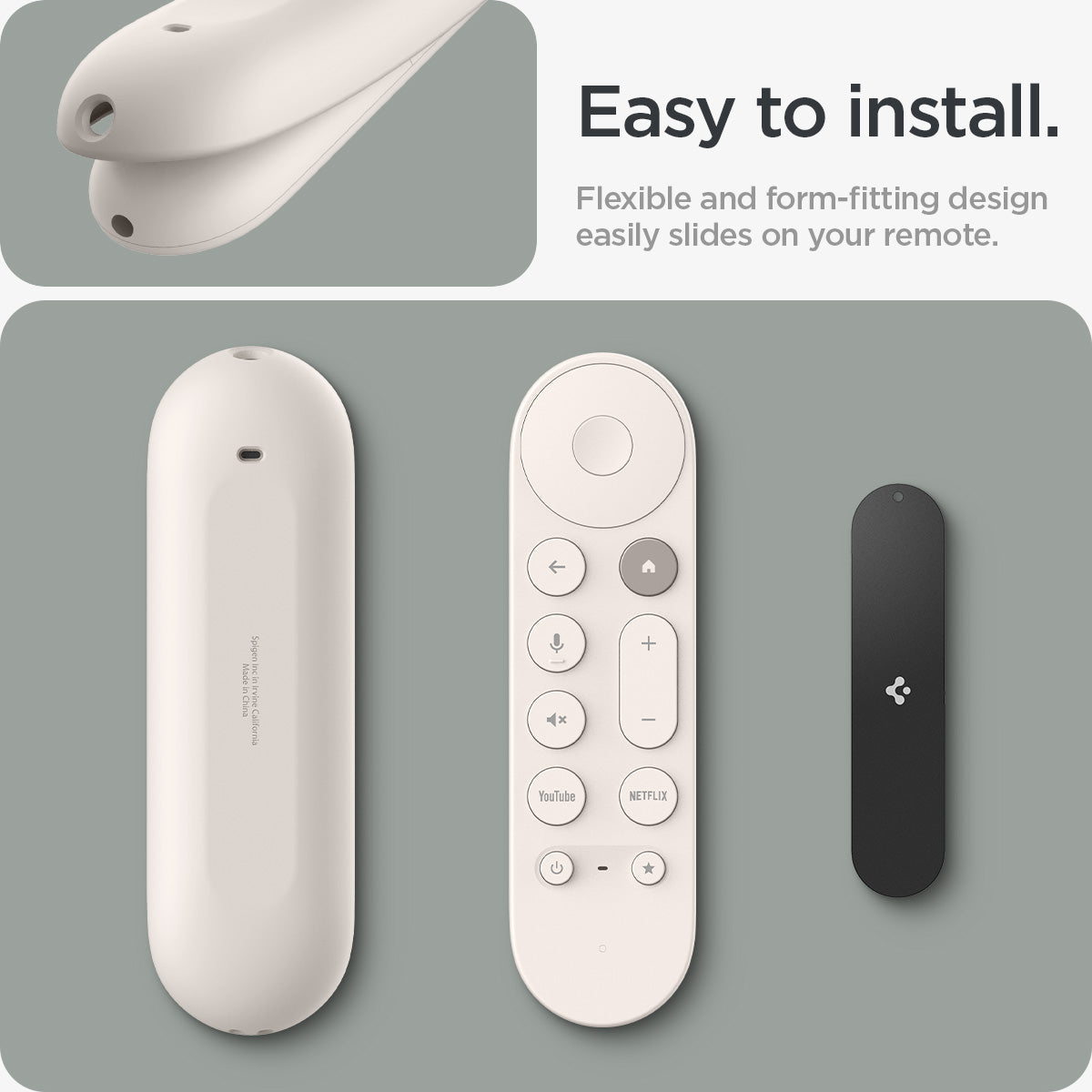 ACS07975 - Google TV Streamer Silicone Fit Voice Remote in Porcelain showing the easy to install. Flexible and form-fitting design easily slides on your remote