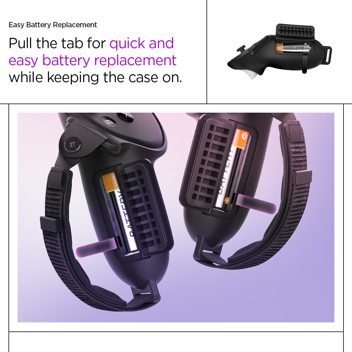 ACS07550 - Meta Quest 3 Case Silicone Fit in Black showing the easy battery replacement. Pull the tab for quick and easy battery replacement while keeping the case on
