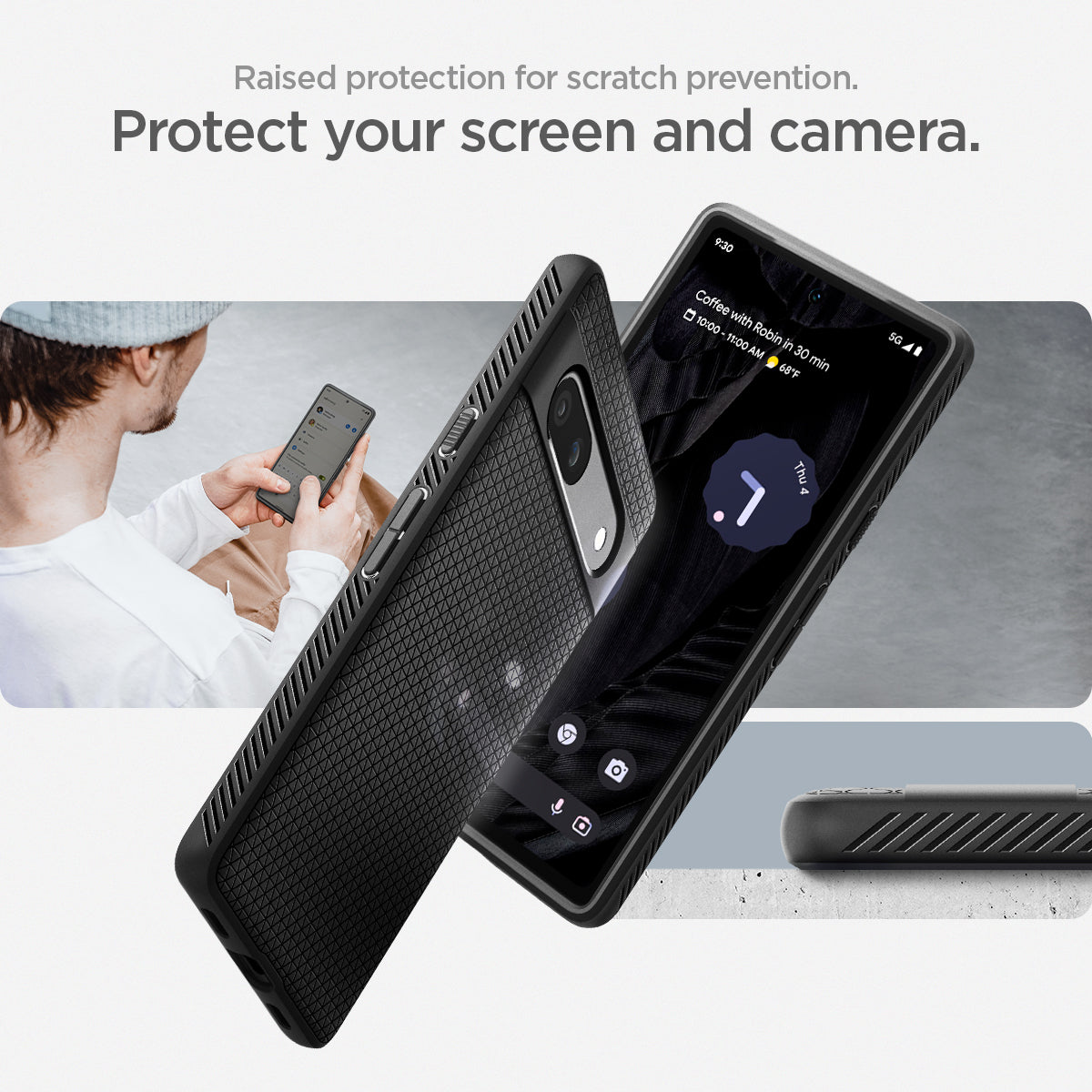 ACS05815 - Pixel 7a Case Liquid Air in matte black raised protection for scratch prevention. Protect your screen and camera.