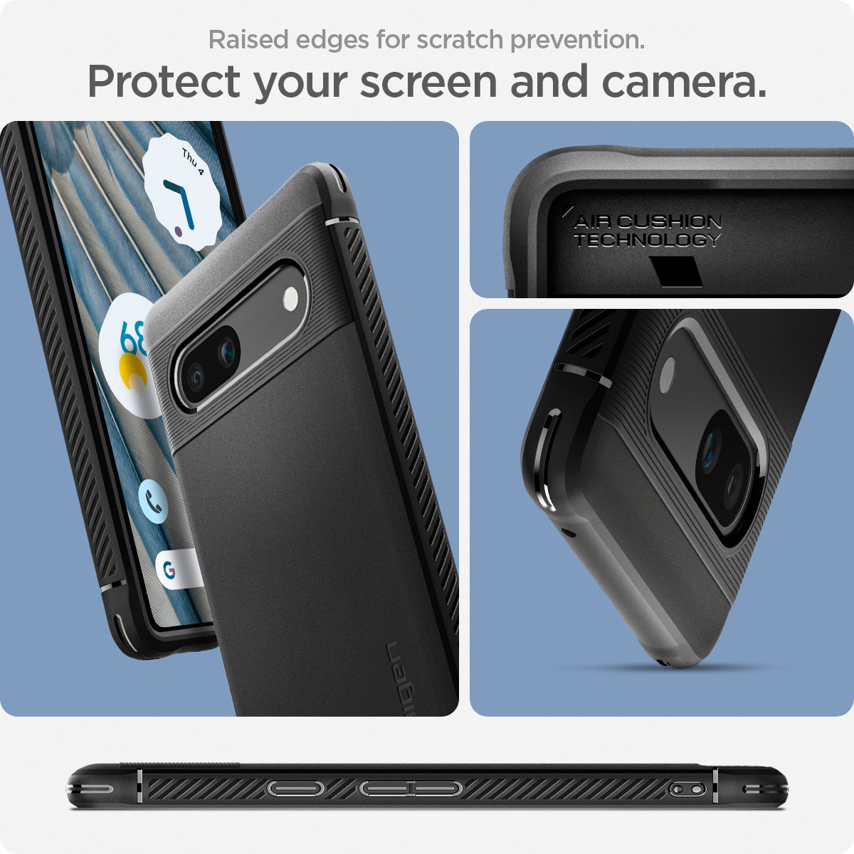 ACS05816 - Pixel 7a Case Rugged Armor in matte black raised edges for scratch prevention. protect the camera and screen.