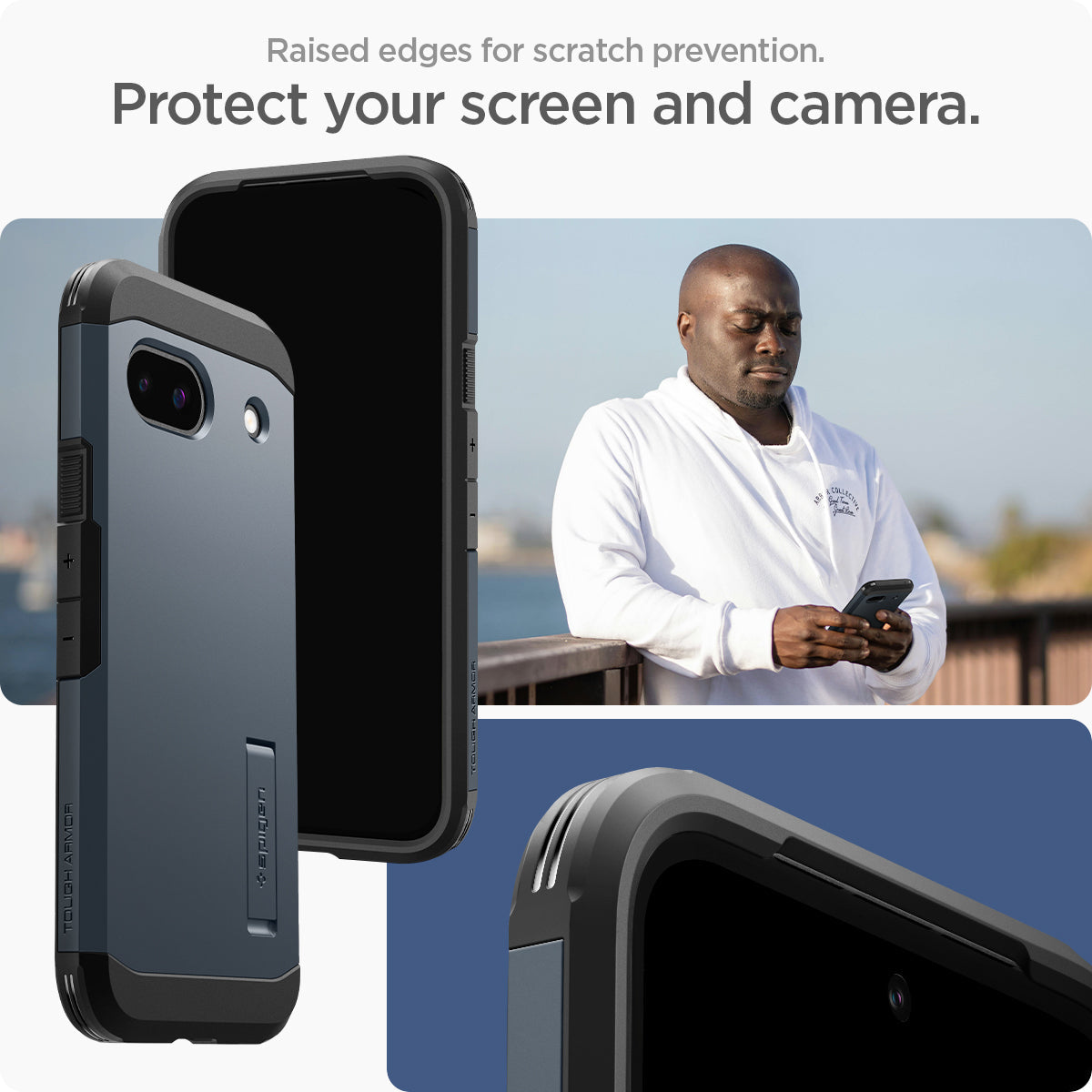 ACS07265 - Pixel 8a Case Tough Armor in Metal Slate showing the raised edges for scratch prevention. Protect your screen and camera