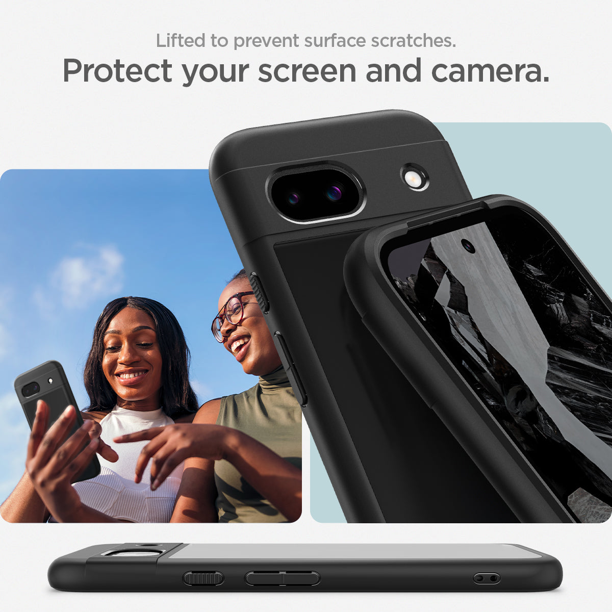 ACS07262 - Pixel 8a Case Ultra Hybrid in Matte Black lifted to prevent surface scratches. protect your screen and camera.