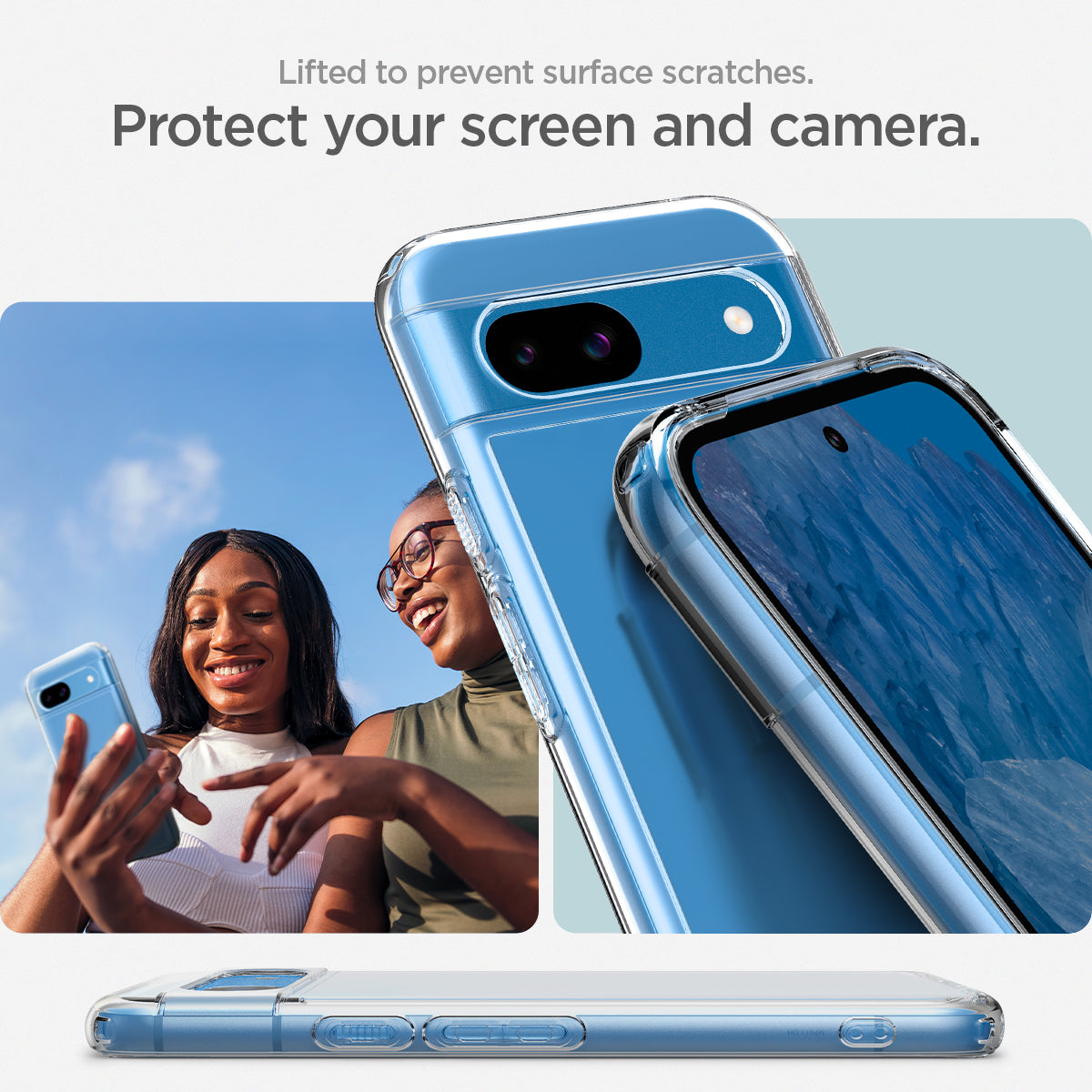 ACS07260 - Pixel 8a Case Ultra Hybrid in Crystal Clear lifted to prevent surface scratches. protect your screen and camera.