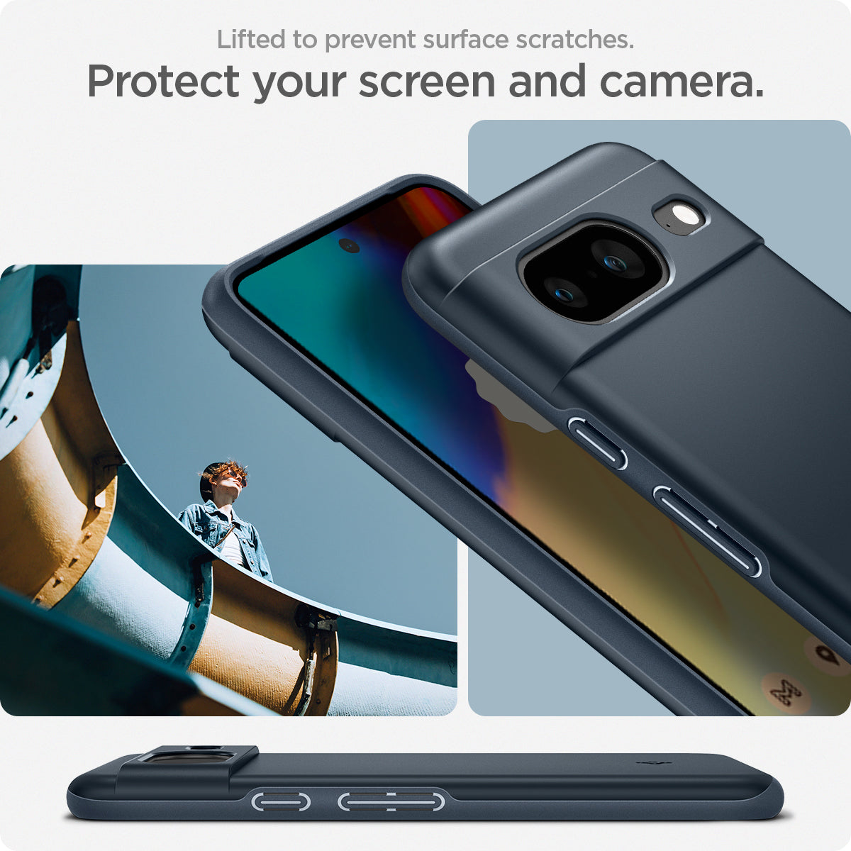 ACS06289 - Pixel 8 Case Thin Fit in metal slate lifted to prevent surface scratches. protect your screen and camera.