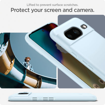 ACS06290 - Pixel 8 Case Thin Fit in mute blue lifted to prevent surface scratches. protect your screen and camera.