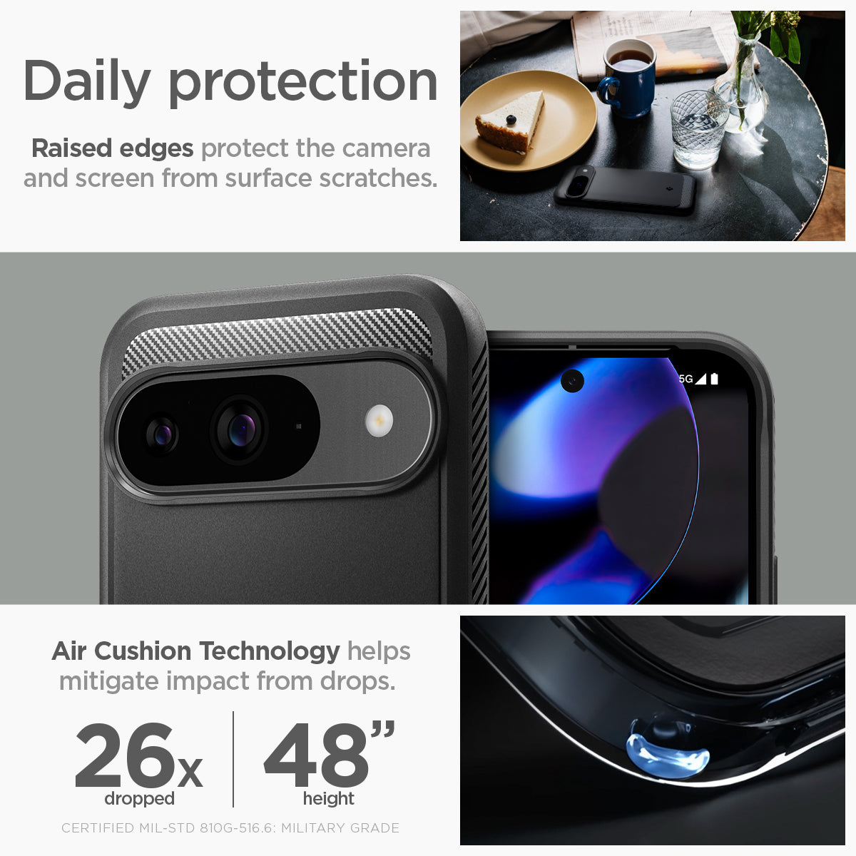 ACS07685 - Pixel 9 Pro Case Rugged Armor in Matte Black daily protection raised edges protect the camera and screen from surface scratches. Air cushion technology helps mitigate impact from drops.