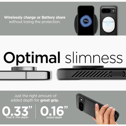 ACS07685 - Pixel 9 Pro Case Rugged Armor in Matte Black wirelessly charge or battery share without losing the protection. Optimal slimness. Just the right amount of added depth for great grip.