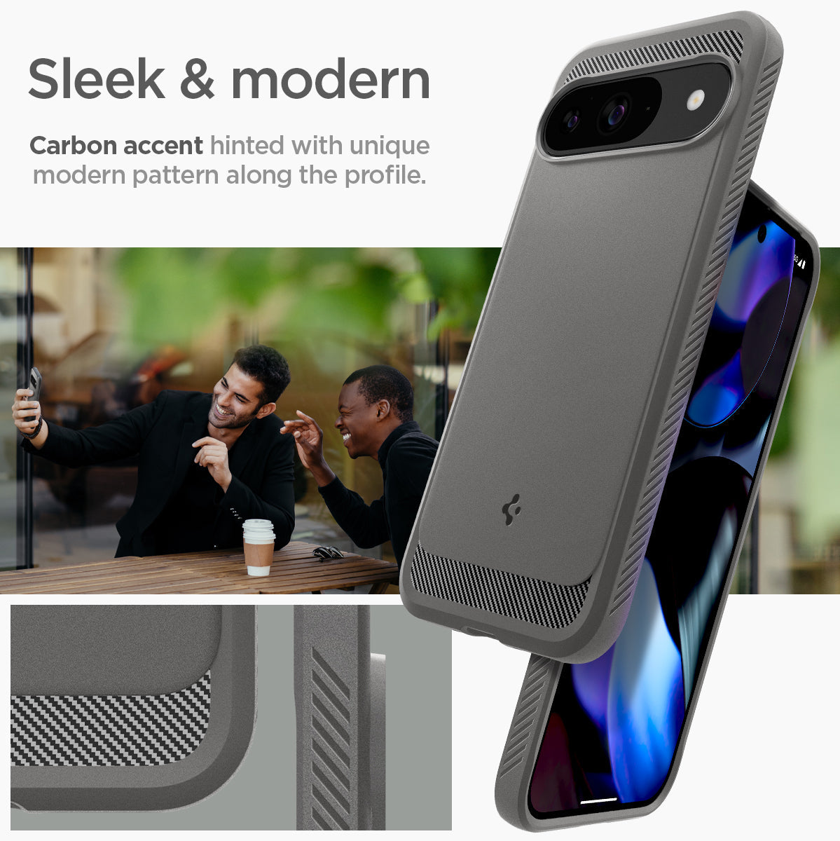 ACS07783 - Pixel 9 Pro Case Rugged Armor in Marble Gray sleek and modern carbon accent hinted with unique modern pattern along the profile.
