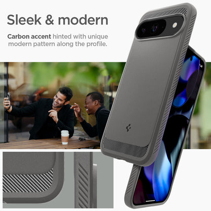 ACS07783 - Pixel 9 Pro Case Rugged Armor in Marble Gray sleek and modern carbon accent hinted with unique modern pattern along the profile.