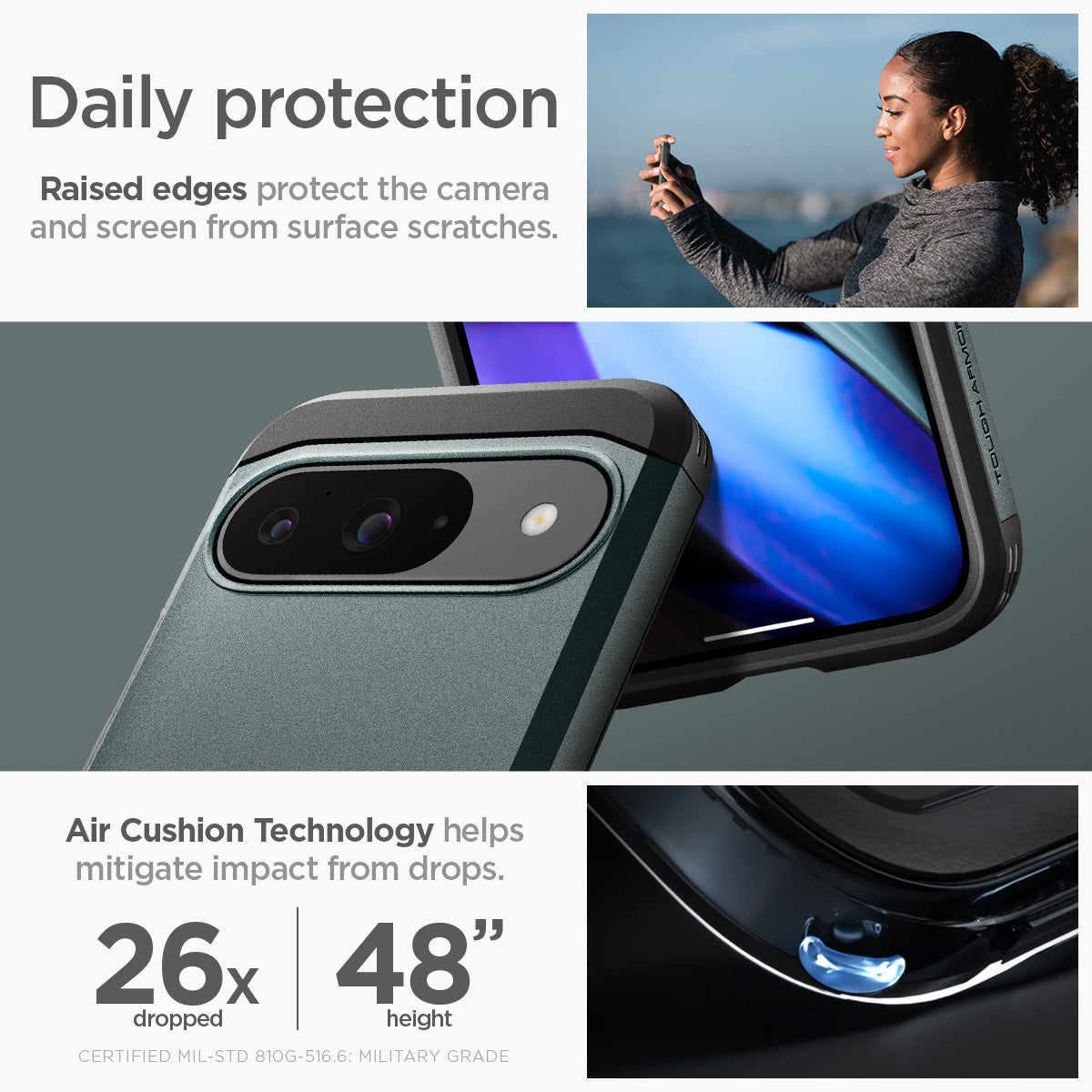ACS07694 - Pixel 9 Pro Case Tough Armor in Abyss Green daily protection raised edges protect the camera and screen from surface scratches. Air cushion technology helps mitigate impact from drops.