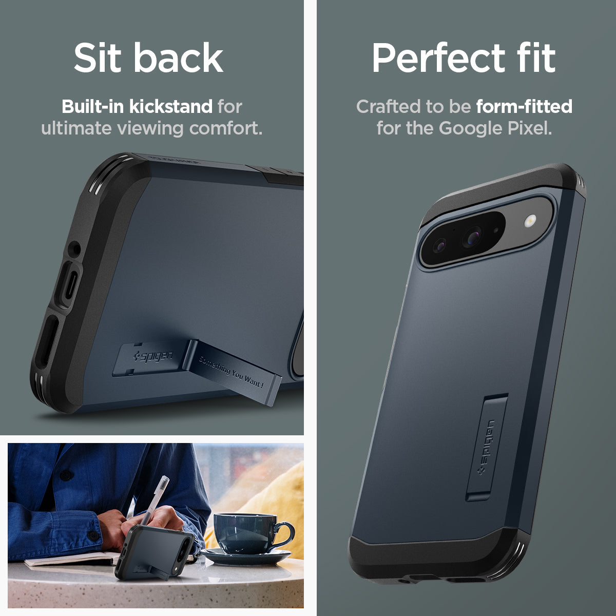 ACS07693 - Pixel 9 Pro Case Tough Armor in Metal Slate sit back built in kick stand for ultimate viewing comfort. Perfect fit crafted to be form fitted for the google pixel.