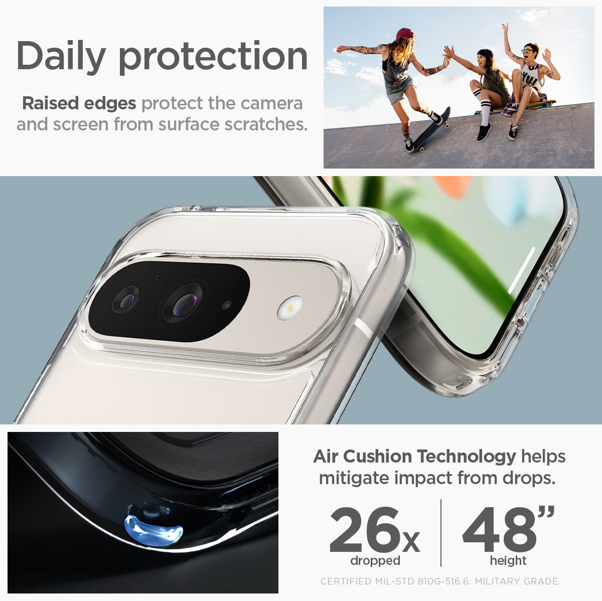 ACS07687 - Pixel 9 Pro Case Ultra Hybrid in Crystal Clear daily protection raised edges protect the camera and screen from surface scratches. Air cushion technology helps mitigate impact from drops.