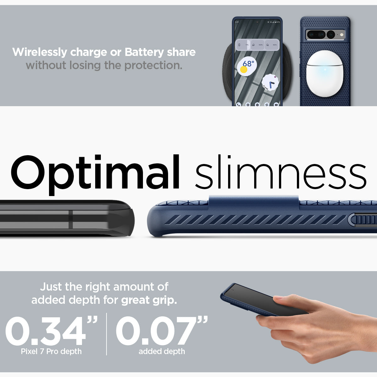 ACS04724 - Pixel 7 Pro Case Liquid Air in navy blue wirelessly charge or battery share without losing the protection. Optimal slimness. Just the right amount of added depth for great grip.