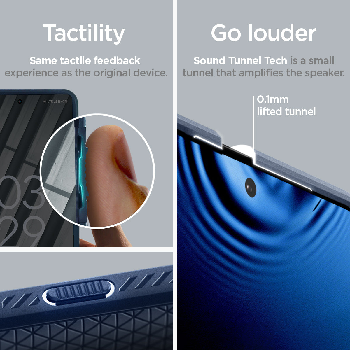 ACS04724 - Pixel 7 Pro Case Liquid Air in navy blue tactility same tactile feedback experience as the original device. go louder sound tunnel tech is a small tunnel that amplifies the speaker. 0.1mm lifted tunnel.