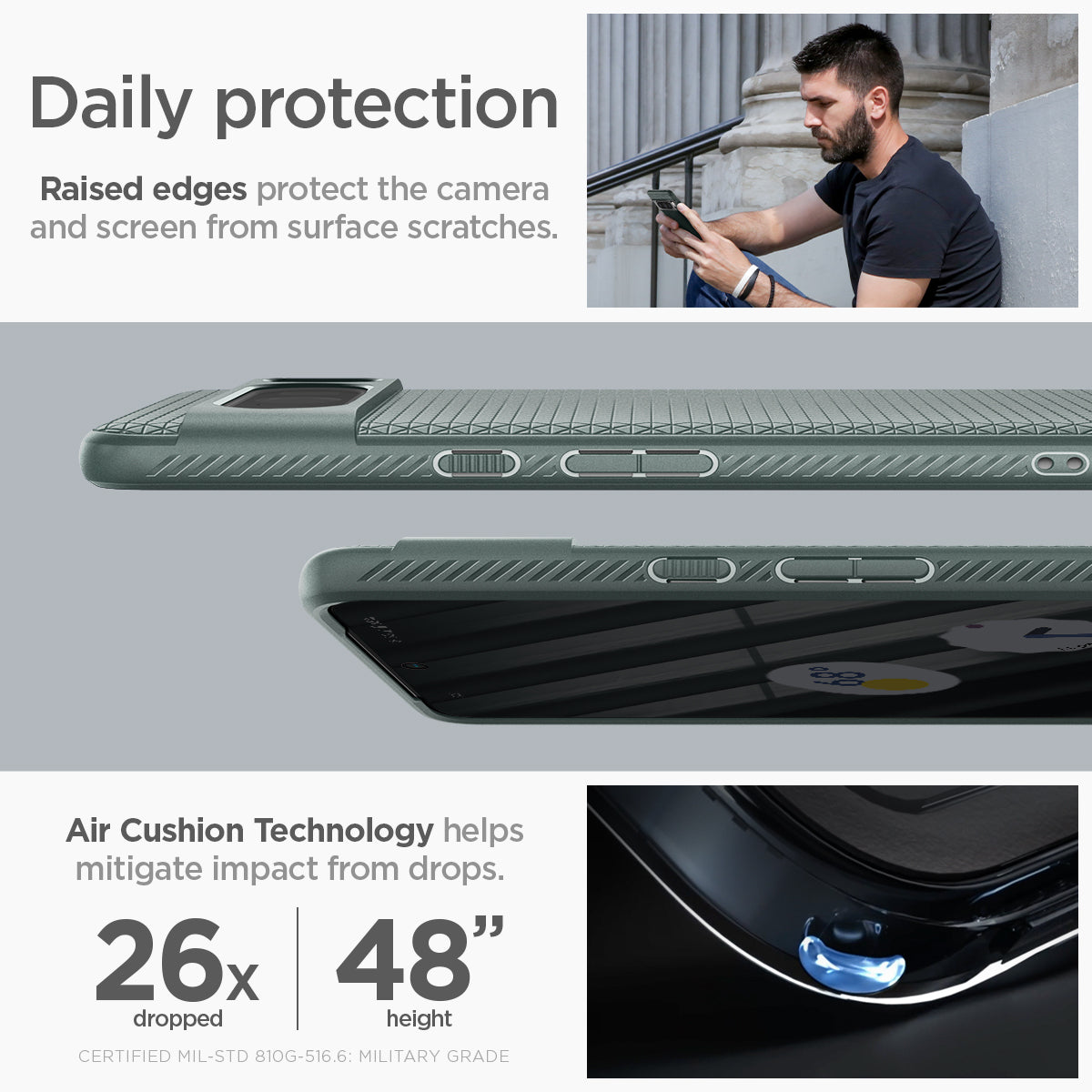 ACS06313 - Pixel 8 Pro Case Liquid Air in Abyss Green daily protection raised edges protect the camera and screen from surface scratches. Air cushion technology helps mitigate impact from drops.