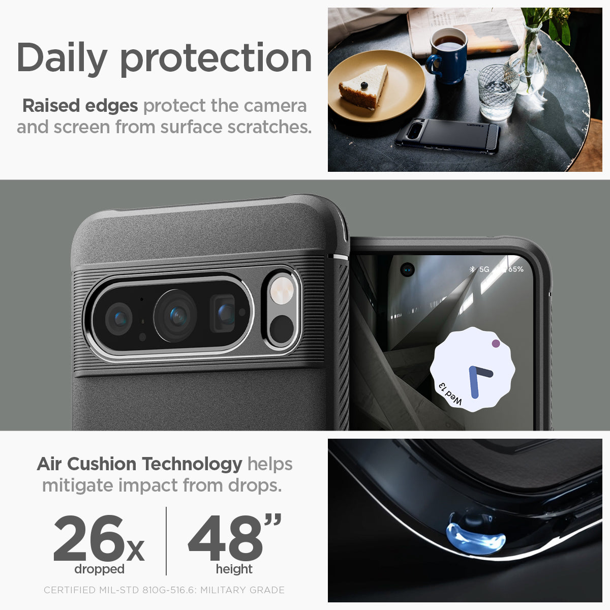 ACS06314 - Pixel 8 Pro Case Rugged Armor in matte black daily protection raised edges protect the camera and screen from surface scratches. Air cushion technology helps mitigate impact from drops.