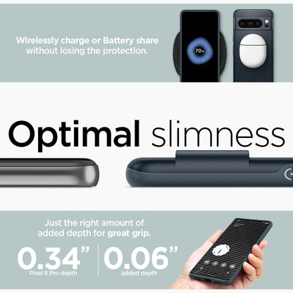 ACS06326 - Pixel 8 Pro Case Thin Fit in metal slate wirelessly charge or battery share without losing the protection. Optimal slimness. Just the right amount of added depth for great grip.