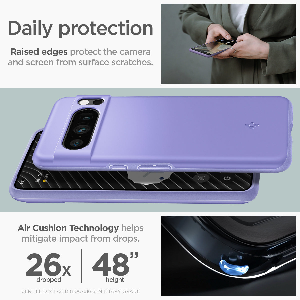 ACS06329 - Pixel 8 Pro Case Thin Fit in awesome violet daily protection raised edges protect the camera and screen from surface scratches. Air cushion technology helps mitigate impact from drops.