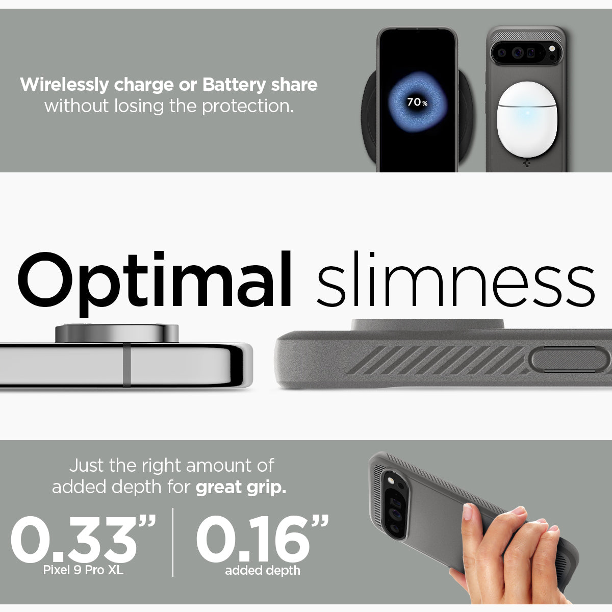 ACS07784 - Pixel 9 Pro XL Case Rugged Armor in Marble Gray wirelessly charge or battery share without losing the protection. Optimal slimness. Just the right amount of added depth for great grip.