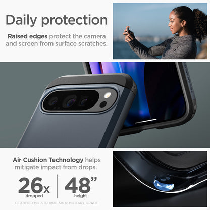 ACS07727 - Pixel 9 Pro XL Case Tough Armor in Metal Slate daily protection raised edges protect the camera and screen from surface scratches. Air cushion technology helps mitigate impact from drops.