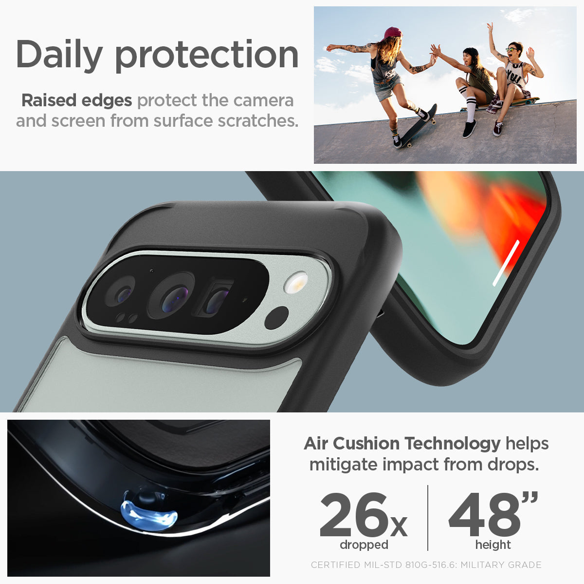 ACS07724 - Pixel 9 Pro XL Case Ultra Hybrid in Matte Black daily protection raised edges protect the camera and screen from surface scratches. Air cushion technology helps mitigate impact from drops.