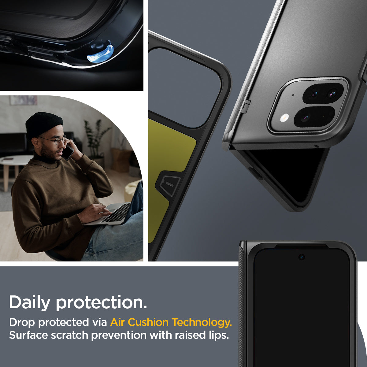 ACS07587 - Pixel 9 Pro Fold Case Slim Armor Pro in Black daily protection drop protected via air cushion technology. surface scratch prevention with raised lips.