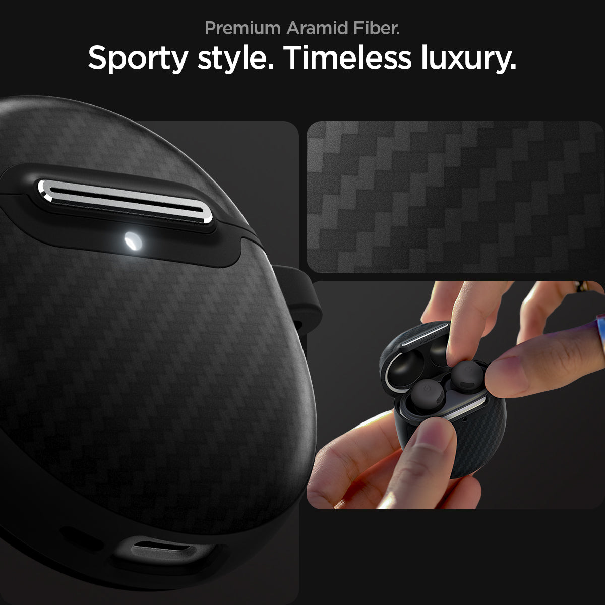 ACS07649 - Pixel Buds Pro 2 Case Enzo Aramid in Matte Black showing the premium aramid fiber. Sporty style. Timeless luxury