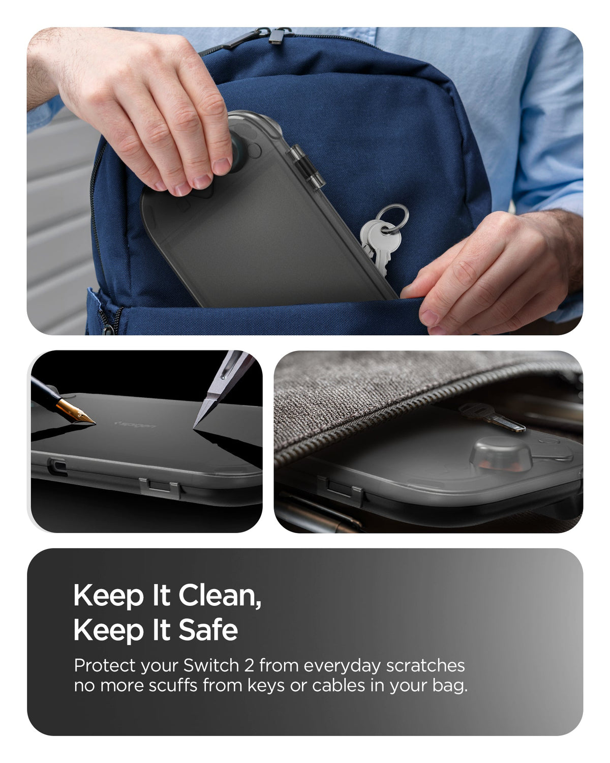 ACS10487 - Nintendo Switch 2 Thin Fit 360 in Black showing the protection to your Switch 2 from everyday scratches no more scuffs from keys or cables in your bag