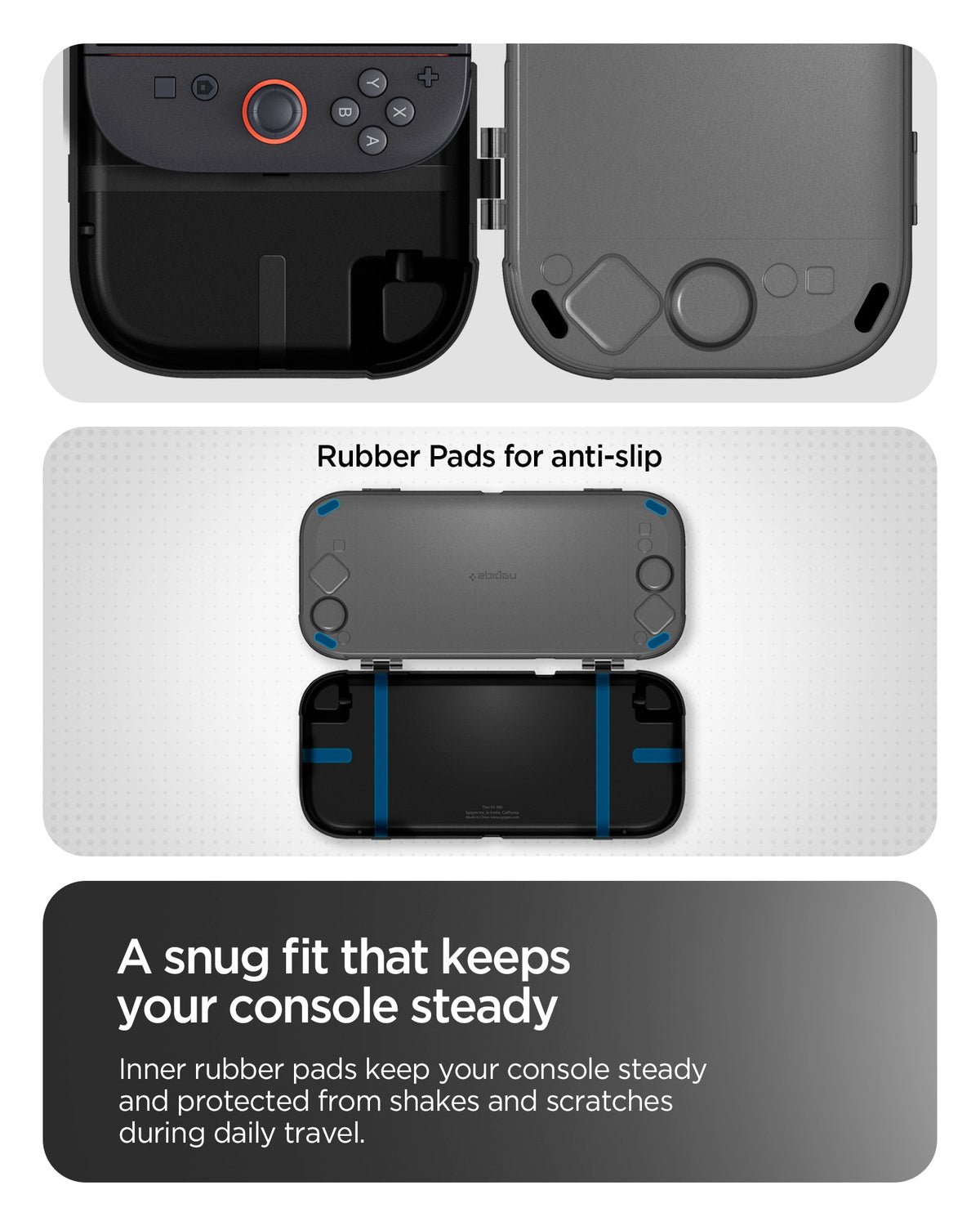 ACS10487 - Nintendo Switch 2 Thin Fit 360 in Black showing the rubber pads for anti-slip. A snug fit that keeps your console steady. Inner rubber pads keep your console steady and protected from shakes and scratches during daily travel