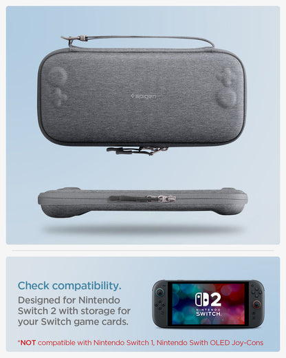 AGP10197 - Nintendo Switch 2 Klasden Pouch 2 in Charcoal Gray showing the compatibility. Designed for Nintendo Switch 2 with storage for your Switch game cards. Not compatible with Nintendo Switch 1, Nintendo Switch OLED Joy-Cons.