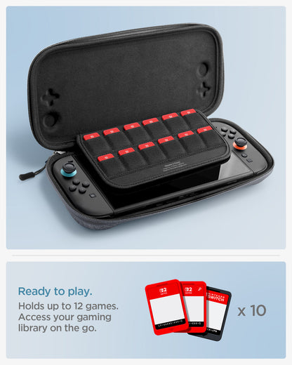 AGP10197 - Nintendo Switch 2 Klasden Pouch 2 in Charcoal Gray showing the "Ready to Play." Up to 12 games access your gaming library on the go.
