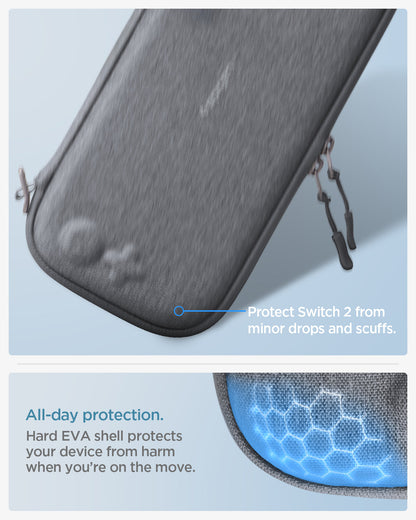 AGP10197 - Nintendo Switch 2 Klasden Pouch 2 in Charcoal Gray showing the all-day protection. Protect Switch 2 from minor drops and scuffs. Hard EVA shell protects your device from harm when you're on the move.