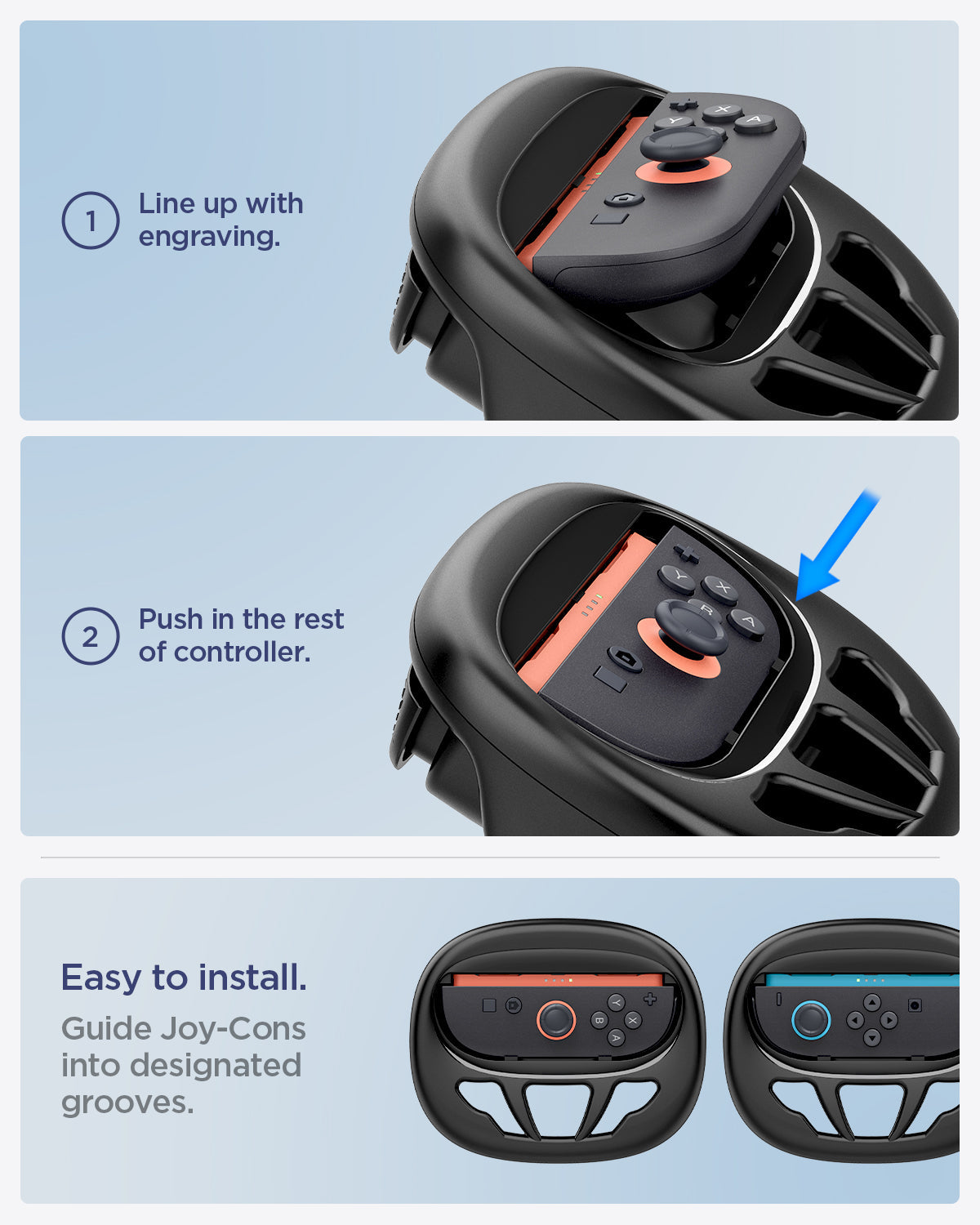 AGP10163 - Nintendo Switch Joy-Con Steering Wheel showing easy installation. Guide Joy-Cons into designated grooves. 1. Line up with engraving 2. Push in the rest of controller