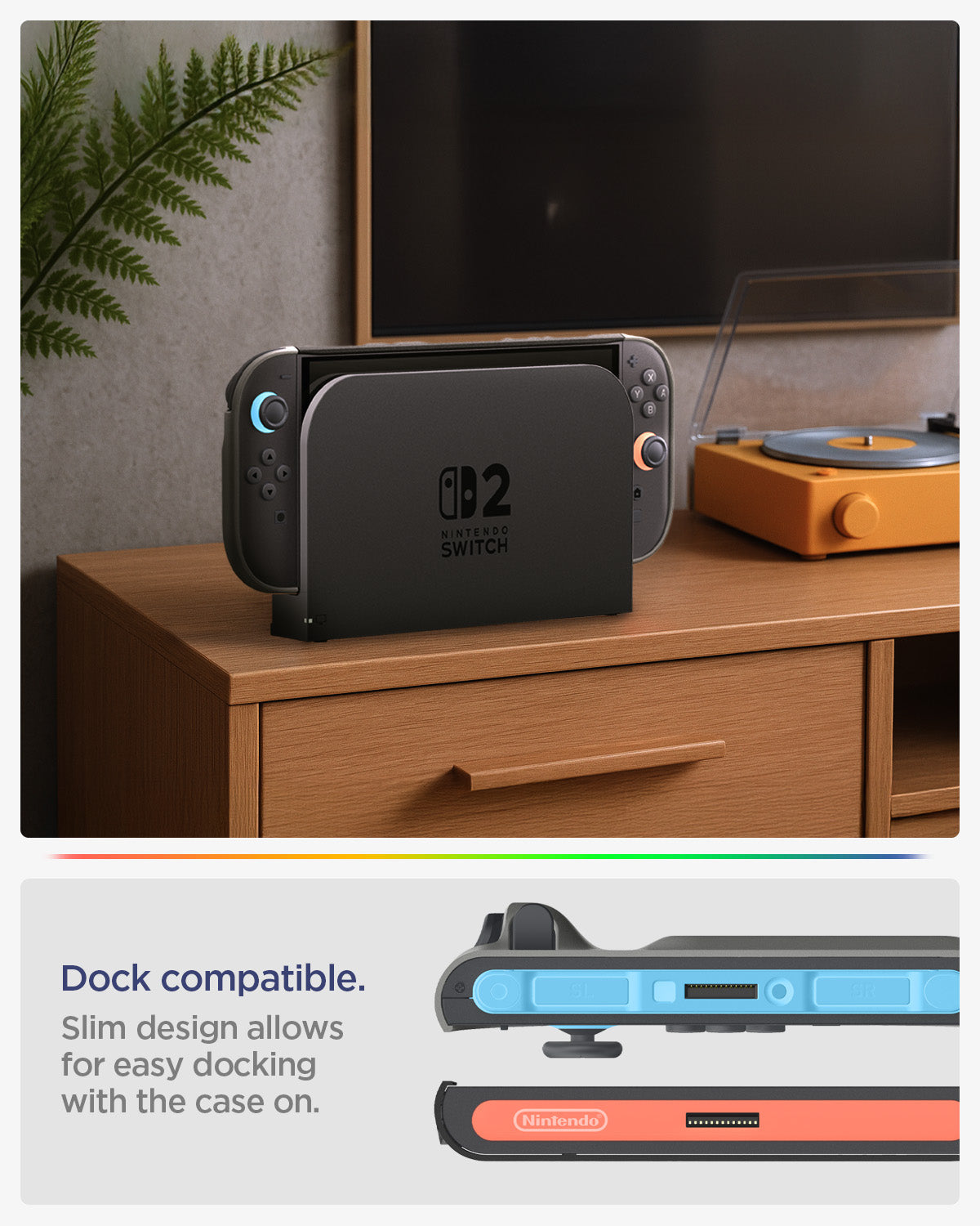 ACS10206 - Nintendo Switch 2 Case Nano Pop in Black Sesame showing dock compatible. slim design allows for easy docking with the case on