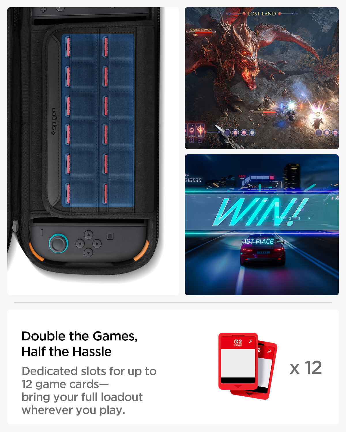 AGP09475 - Nintendo Switch 2 Rugged Armor Pro Pouch in Black showing the double the games, half the hassle, dedicated slots for up to 12 game cards bring your full loadout wherever you play