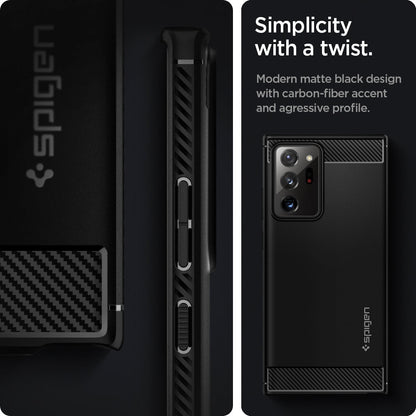 ACS01391 - Galaxy Note 20 Ultra Rugged Armor Case in matte black simplicity with a twist. Modern matte black design with carbon fiber accent and agressive profile.