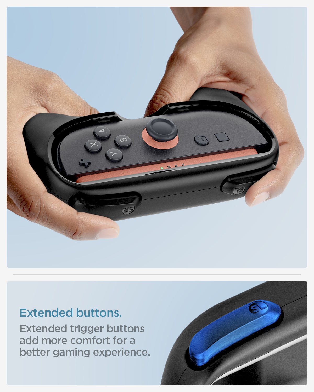 AGP10162 - Nintendo Switch Joy-Con Grip | NS100 in Black showing the extended buttons. Extended trigger buttons add more comfort for a better gaming experience