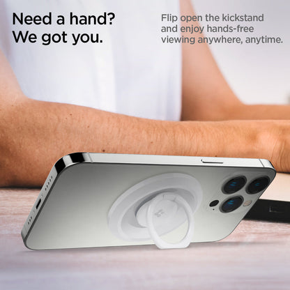 AMP05303 - O-Mag Magnetic Phone Holder (MagFit) in white showing the flip open the kickstand and enjoy hand-free viewing anywhere, anytime