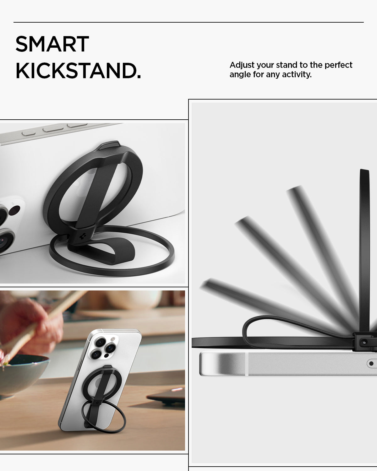 AMP08551 - O-Mag Magnetic Phone Holder (MagFit) | OM103 in Black showing smart kickstand. adjust your stand to the perfect angle for any activity.