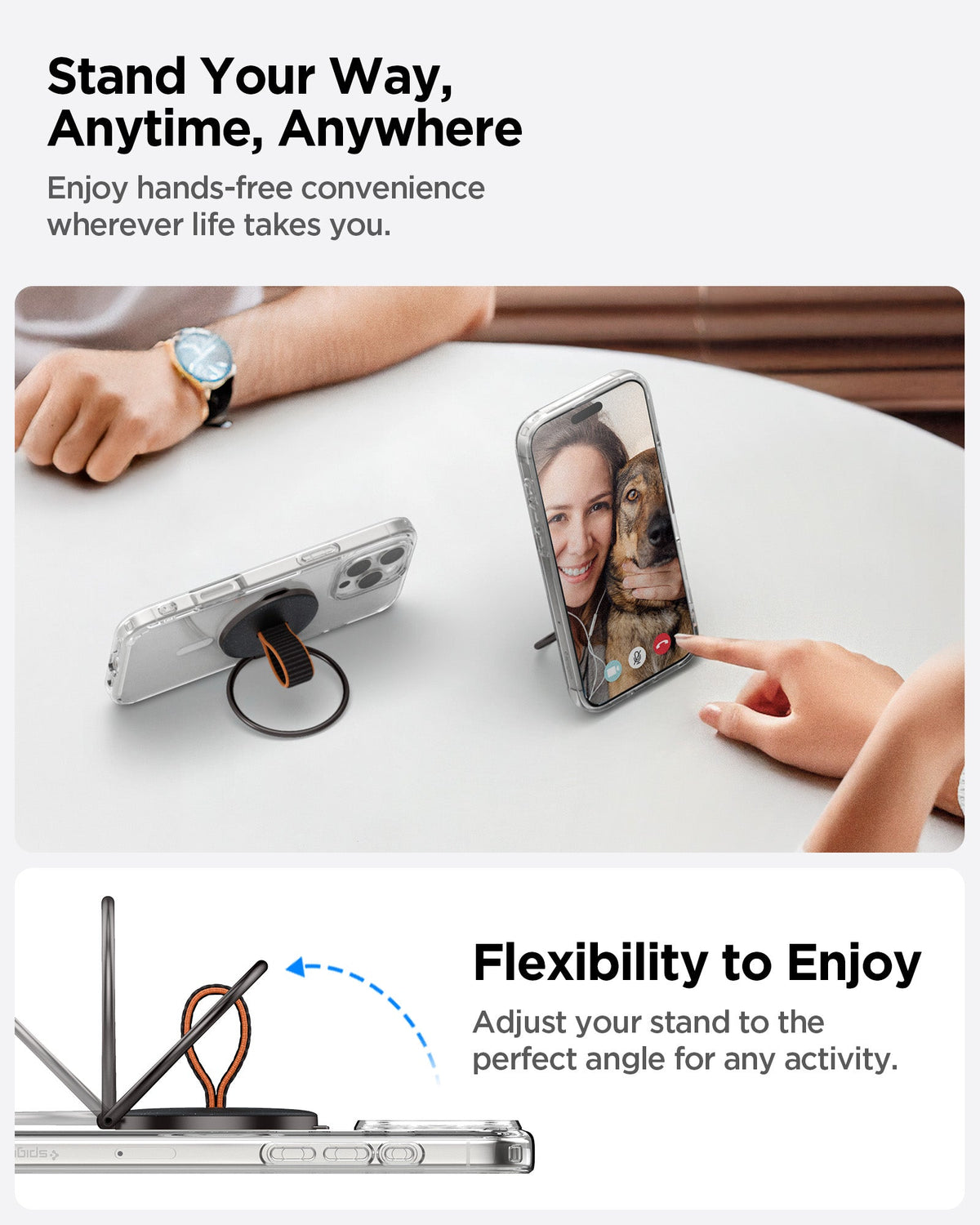AMP08552 - O-Mag Magnetic Phone Holder (MagFit) OM104 in Black showing the hands-free convenience wherever life takes you. Flexibility to enjoy. Adjust your stand to the perfect angle for any activity
