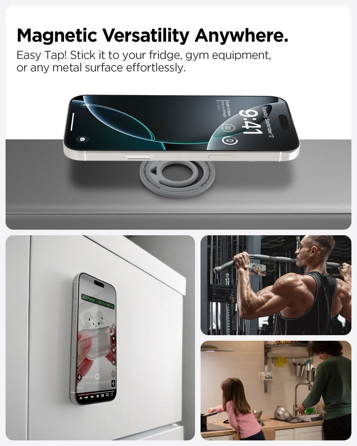 AMP10195 - O-Mag Slim Dual pop (MagFit) in Marble Gray showing the Magnetic Versatility Anywhere. Easy Tap! Stick it to your fridge, gym equipment, or any metal surface effortlessly