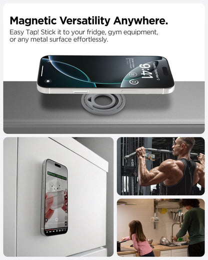 AMP10195 - O-Mag Slim Dual pop (MagFit) in Marble Gray showing the Magnetic Versatility Anywhere. Easy Tap! Stick it to your fridge, gym equipment, or any metal surface effortlessly