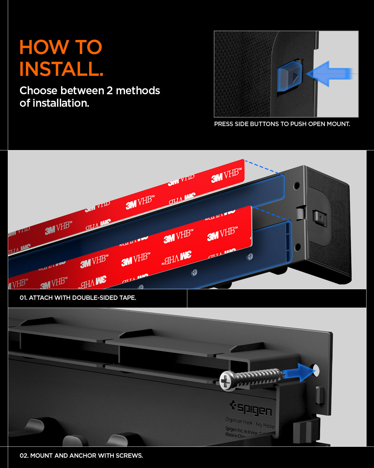 AHP10161 - Organizer Hook Key Holder showing ho to install. choose between 2 methods of installation.