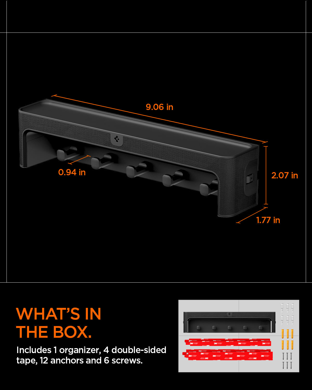 AHP10161 - Organizer Hook Key Holder showing what's in the box. includes 1 organizer, 4 double sided tape 12 anchors and 6 screws