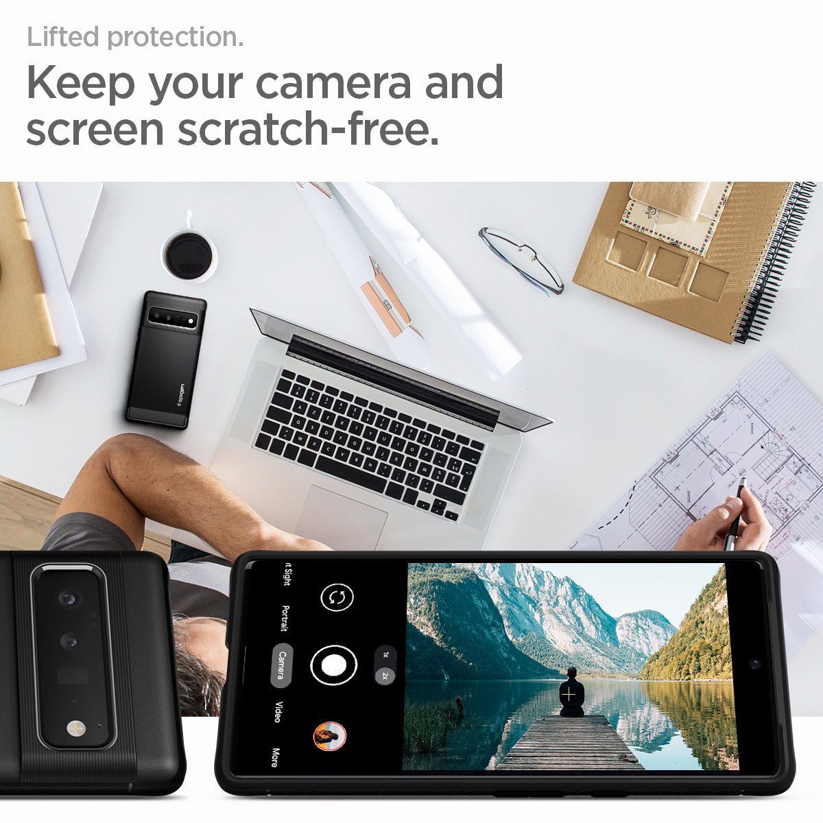 ACS03456 - Pixel 6 Pro Case Rugged Armor in matte black lifted protection. keep your camera and screen scratch free.